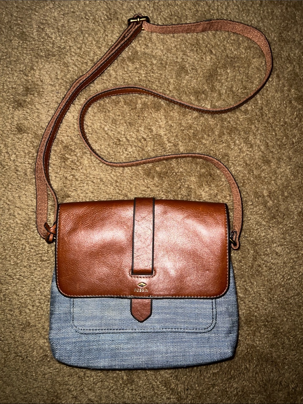 Fossil Brown Leather and Blue Fabric Crossbody
